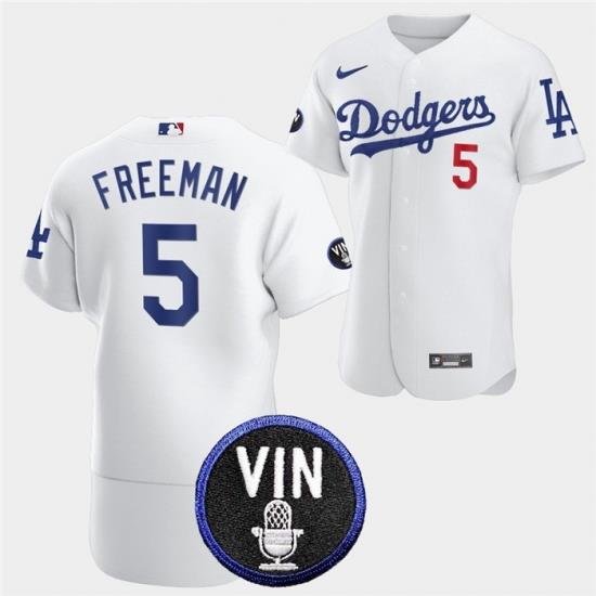 Men Los Angeles Dodgers 5 Freddie Freeman 2022 White Vin Scully Patch Flex Base Stitched Baseball Jersey