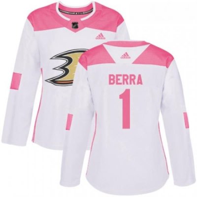 Womens Adidas Anaheim Ducks 1 Reto Berra Authentic WhitePink Fashion NHL Jersey