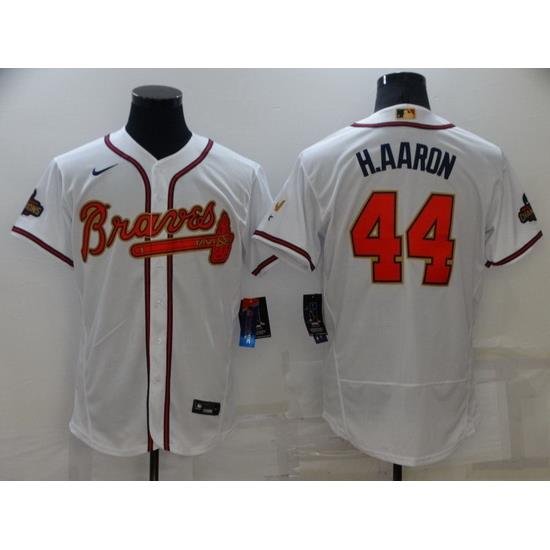 Men Atlanta Braves 44 Hank Aaron 2022 White Gold World Series Champions Program Flex Base Stitched Baseball jersey