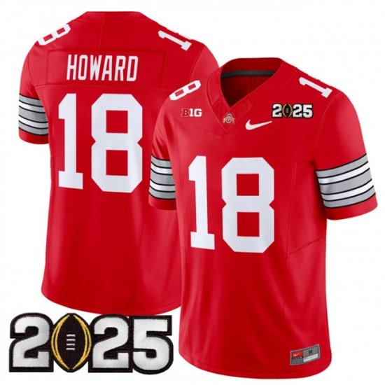 Men's Ohio State Buckeyes #18 Will Howard Red 2025 CFP Final Patch F.U.S.E. Vapor Limited Stitched Football Jersey