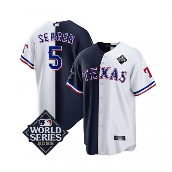 Men Texas Rangers  26 CoWboys 5 Corey Seager Navy White 2023 World Series Splite Stitched Baseball Jersey