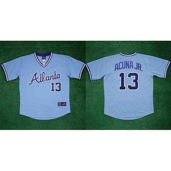 Men Atlanta Braves 13 Ronald Acuna Jr 1982 Light Blue Cool Base Stitched Baseball Jersey