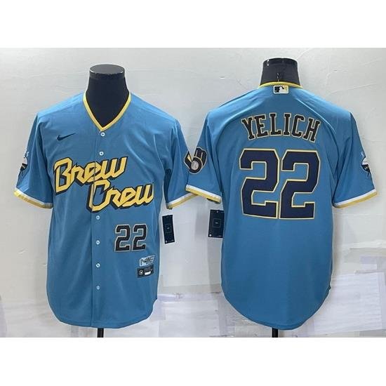 Men MilWaukee BreWers 22 Christian Yelich 2022 PoWder Blue City Connect Cool Base Stitched Jersey