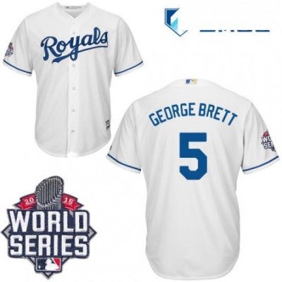 Mens Majestic Kansas City Royals 5 George Brett Authentic White Home Cool Base 2015 World Series Patch MLB Jersey