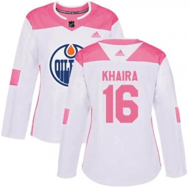 Womens Adidas Edmonton Oilers 16 Jujhar Khaira Authentic WhitePink Fashion NHL Jersey