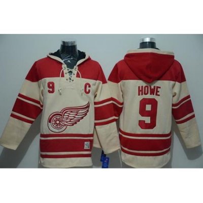 Men Detroit Red Wings 9 Gordie Howe Cream Sawyer Hooded Sweatshirt Stitched NHL Jersey