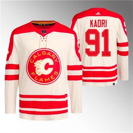 Men Calgary Flames 91 Nazem Kadri 2023 Cream Classic Primegreen Stitched Jersey