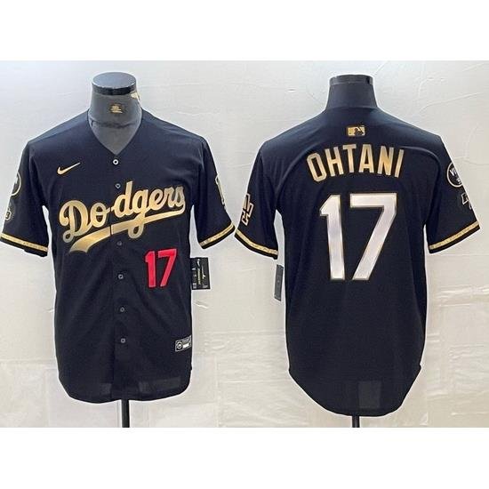 Mens Los Angeles Dodgers 17 Shohei Ohtani Number Black Gold Stitched Cool Base Nike Jersey