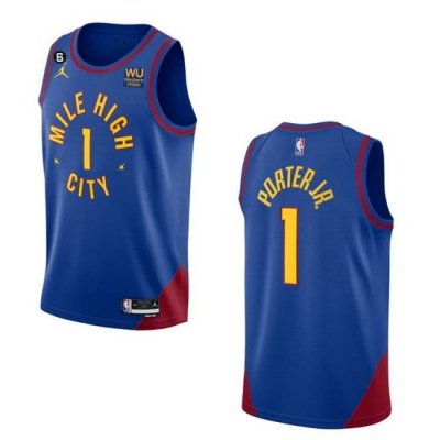 Men Denver Nuggets 1 Michael Porter Jr  Blue 2022 23 Statement Edition With NO 6 PatchStitched Jersey