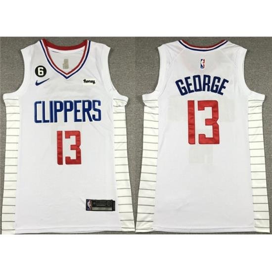 Men Los Angeles Clippers 13 Paul George White With NO 6 Patch Stitched Jersey