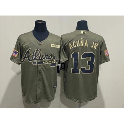 Men Atlanta Braves 13 Ronald Acuna Jr  2021 Camo Salute To Service Cool Base Stitched Jersey