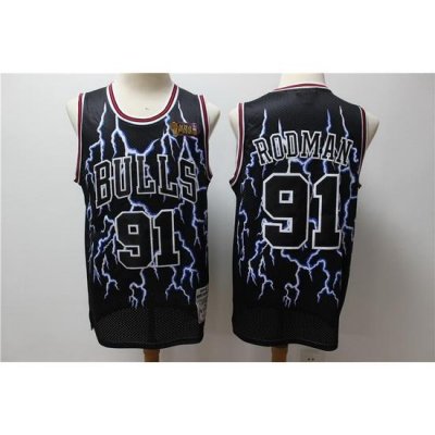 Bulls 91 Dennis Rodman Black Hardwood Classics Lightning Limited Edition Jersey