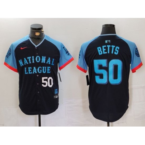 Men National League 50 Mookie Betts Navy 2024 All Star Limited Stitched Baseball Jersey 2