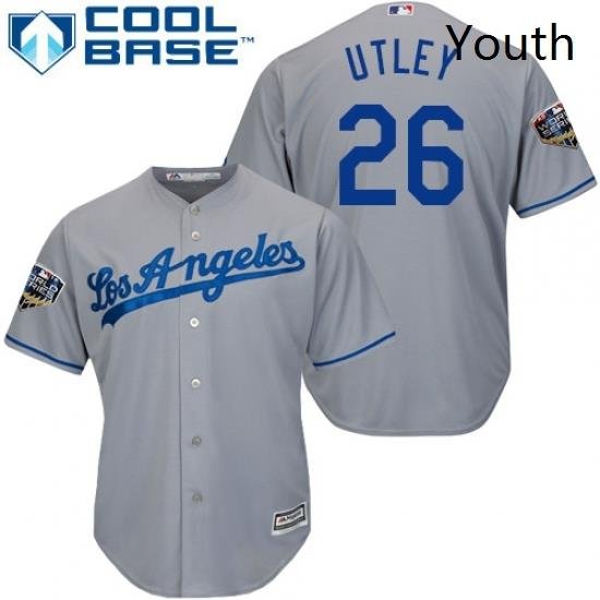 Youth Majestic Los Angeles Dodgers 26 Chase Utley Authentic Grey Road Cool Base 2018 World Series MLB Jersey