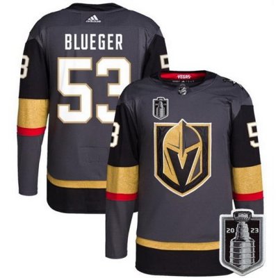 Men Vegas Golden Knights 53 Teddy Blueger Gray 2023 Stanley Cup Final Stitched Jersey