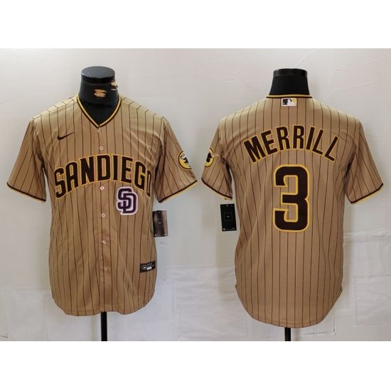 Men San Diego Padres 3 Jackson Merrill Tan Cool Base Stitched Baseball Jersey 1