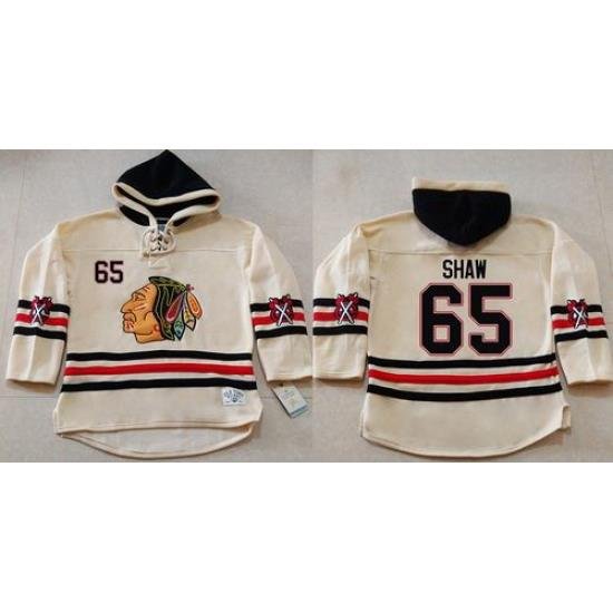 Men Chicago Blackhawks 65 Andrew Shaw Cream Heavyweight Pullover Hoodie Stitched NHL Jersey