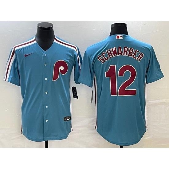 Men's Philadelphia Phillies #12 Kyle SchWarber Blue CooperstoWn ThroWback Cool Base Nike Jersey