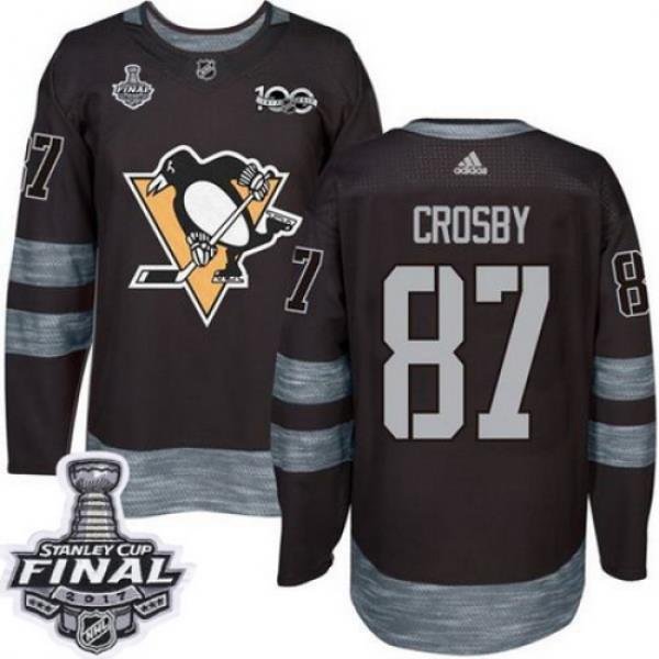 Penguins #87 Sidney Crosby Black 1917 2017 100th Anniversary Stanley Cup Final Patch Stitched NHL Jersey