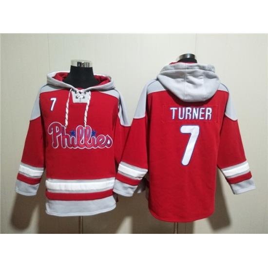 Men Philadelphia Phillies 7 Trea Turner Red Ageless Must Have Lace Up Pullover Hoodie