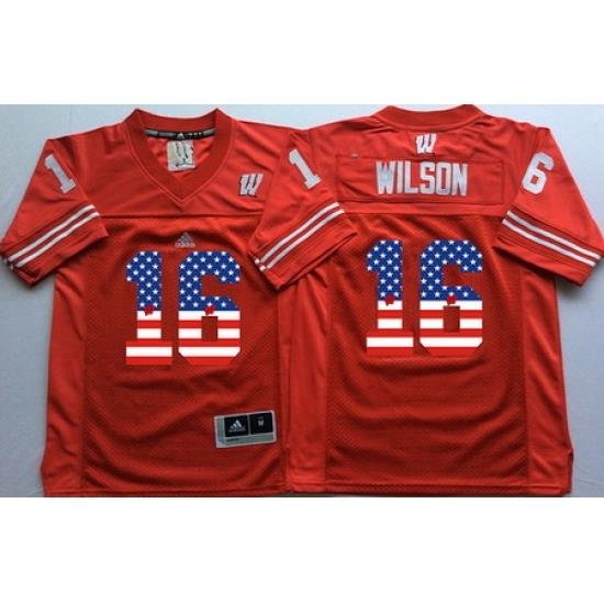 Wisconsin Badgers 16 Russell Wilson Red USA Flag College Jersey