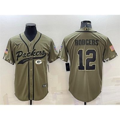 Men Green Bay Packers 12 Aaron Rodgers Olive 2022 Salute To Service Cool Base Stitched Baseball Jersey