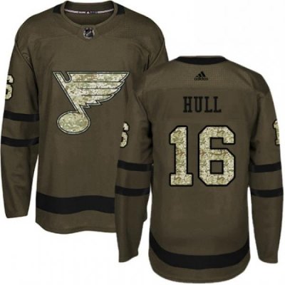 Mens Adidas St Louis Blues 16 Brett Hull Premier Green Salute to Service NHL Jersey