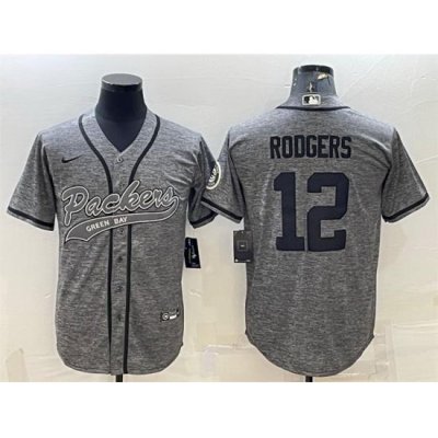 Men Green Bay Packers 12 Aaron Rodgers Grey With Patch Cool Base Stitched Baseball Jersey