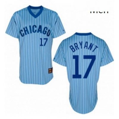 Mens Majestic Chicago Cubs 17 Kris Bryant Replica BlueWhite Strip Cooperstown Throwback MLB Jersey