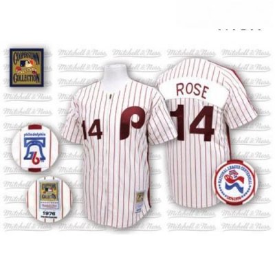 Mens Mitchell and Ness Philadelphia Phillies 14 Pete Rose Authentic WhiteRed Strip Throwback MLB Jersey