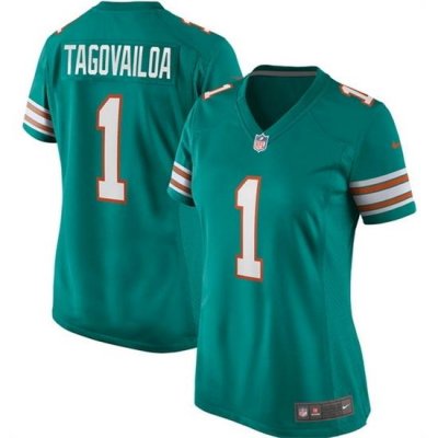 Women Miami Dolphins 1 Tua Tagovailoa Aqua Color Rush Stitched Jersey