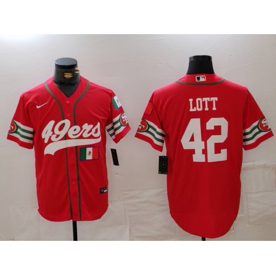 Men San Francisco 49ers 42 Ronnie Lott Red With Patch Cool Base Stitched Baseball Jersey 2