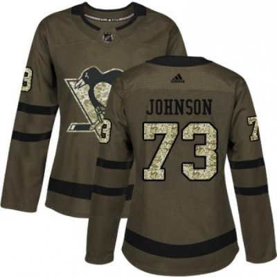 Womens Adidas Pittsburgh Penguins 73 Jack Johnson Authentic Green Salute to Service NHL Jersey