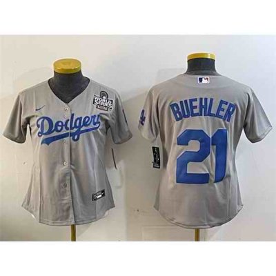 Women Los Angeles Dodgers 21 Walker Buehler Grey 2024 World Series Cool Base Stitched Baseball Jersey