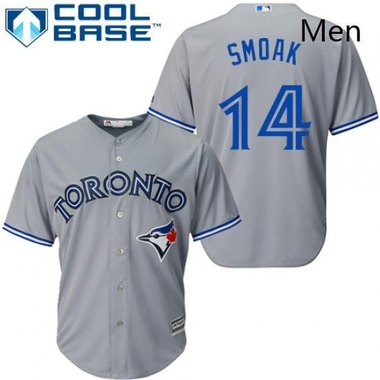 Mens Majestic Toronto Blue Jays 14 Justin Smoak Replica Grey Road MLB Jersey