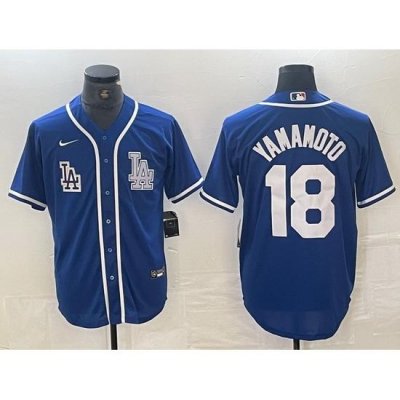 Men Los Angeles Dodgers 18 Yoshinobu Yamamoto Blue Cool Base Stitched Baseball Jersey 1