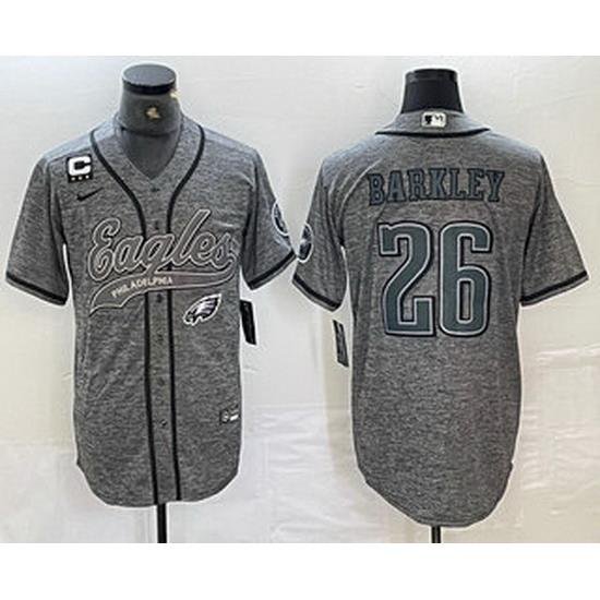 Men Philadelphia Eagles 26 Saquon Barkley Grey Gridiron With C Patch Cool Base Stitched Baseball Jersey