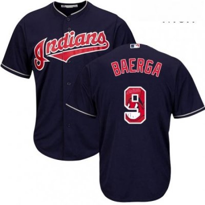 Mens Majestic Cleveland Indians 9 Carlos Baerga Authentic Navy Blue Team Logo Fashion Cool Base MLB Jersey