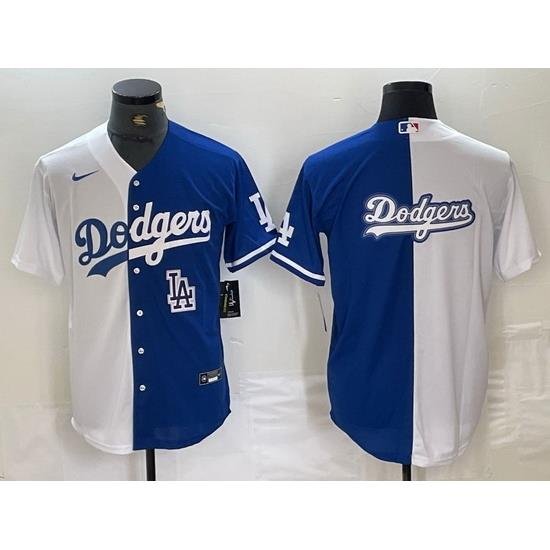 Men Los Angeles Dodgers Team Big Logo White Blue Split Cool Base Stitched Baseball Jersey 8