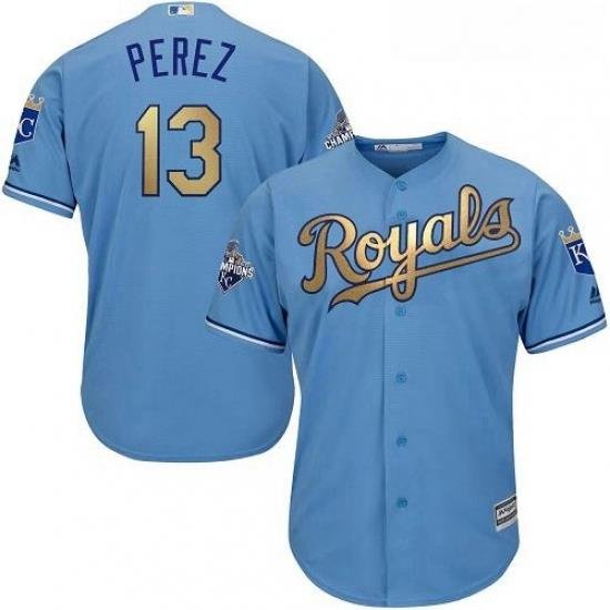 Youth Majestic Kansas City Royals 13 Salvador Perez Authentic Light Blue 2015 World Series Champions Gold Program Cool Base MLB Jersey