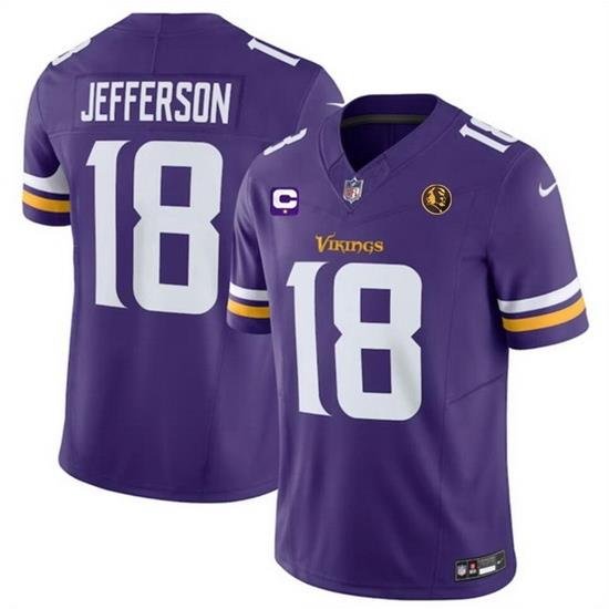 Men Minnesota Vikings 18 Justin Jefferson Purple 2023 F U S E  With 1 Star C Patch And John Madden Patch Vapor Limited Stitched Football Jersey