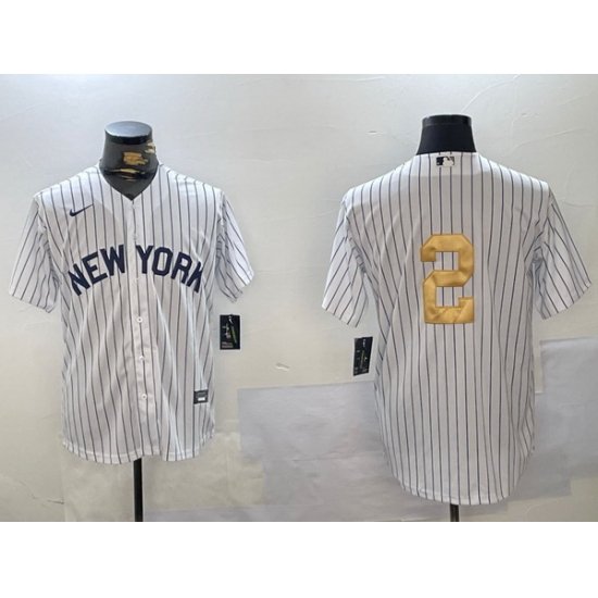 Men New York Yankees 2 Derek Jeter White Pinstripe Without Name Fashion Cool Base Jersey 1