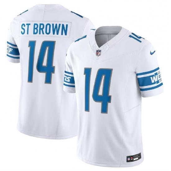 Men Detroit Lions 14 Amon Ra St  Brown White 2023 F U S E  Vapor Untouchable Limited Stitched Jersey