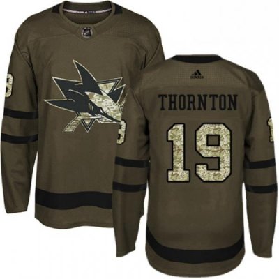 Mens Adidas San Jose Sharks 19 Joe Thornton Authentic Green Salute to Service NHL Jersey