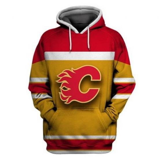 Men Calgary Flames Yellow All Stitched Hooded Sweatshirt