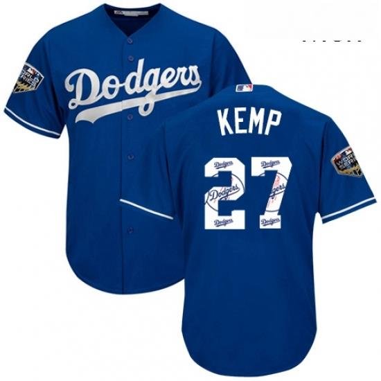 Mens Majestic Los Angeles Dodgers 27 Matt Kemp Authentic Royal Blue Team Logo Fashion Cool Base 2018 World Series MLB Jersey