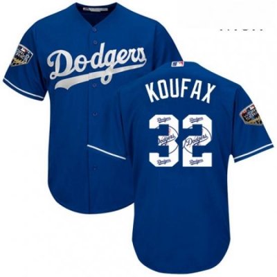 Mens Majestic Los Angeles Dodgers 32 Sandy Koufax Authentic Royal Blue Team Logo Fashion Cool Base 2018 World Series MLB Jersey