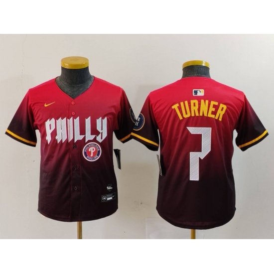 Youth Philadelphia Phillies 7 Trea Turner Red 2024 City Connect Limited Stitched Baseball Jersey 3