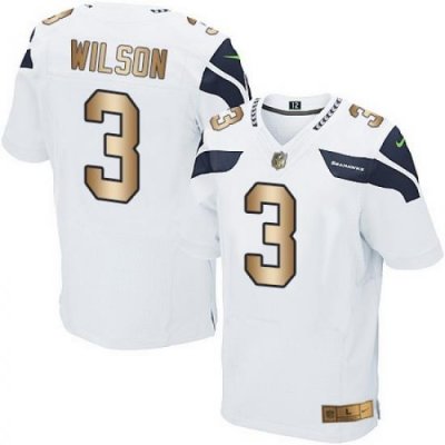 Nike Seahawks #3 Russell Wilson White Mens Stitched NFL Elite Gold Jersey