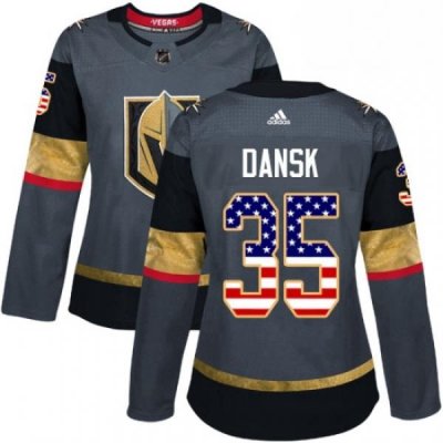 Womens Adidas Vegas Golden Knights 35 Oscar Dansk Authentic Gray USA Flag Fashion NHL Jersey